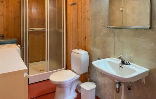 La salle de bains est pourvue de toilettes, d'un lavabo et d'une douche. dans l'établissement Pet Friendly Apartment In Espedalen With Wifi, à Espedalen
