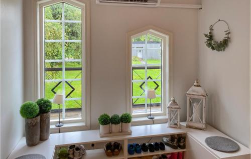 a living room with two windows and a shelf with plants at Amazing Home In Ydre With Wifi in Idebo