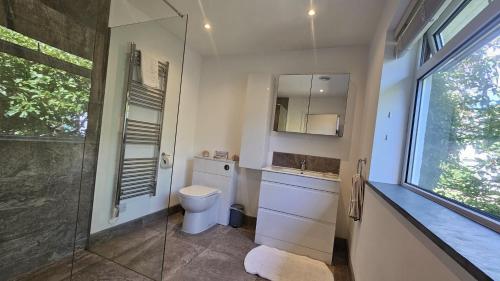 a bathroom with a toilet and a glass shower at Heathfield in Saint Mawes