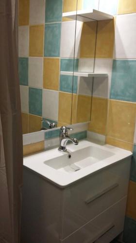 une salle de bain avec un lavabo et un miroir dans l'établissement Le Colombier - A deux pas du square Charles de Gaulle, à Toulouse