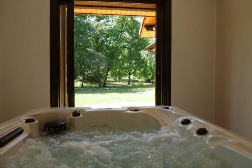 a bath tub filled with water in front of a window at Gite en forêt landaise avec jacuzzi d'intérieur in Pissos