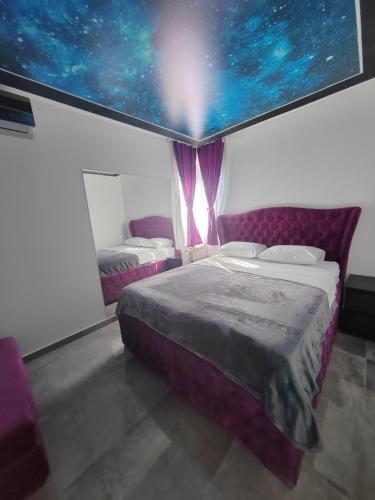a bedroom with a large bed with a star ceiling at Hedonic Wellness Apartmani in Niš