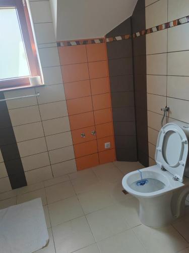 a bathroom with a toilet with the seat up at Hedonic Wellness Apartmani in Niš