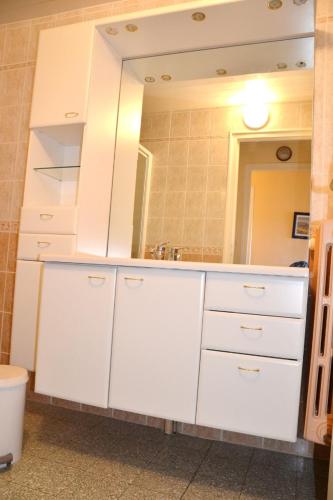 une salle de bain avec un lavabo blanc et un miroir dans l'établissement Grand appartement à Font Romeu vue panoramique montagne Torremagne 3, à Font-Romeu-Odeillo-Via