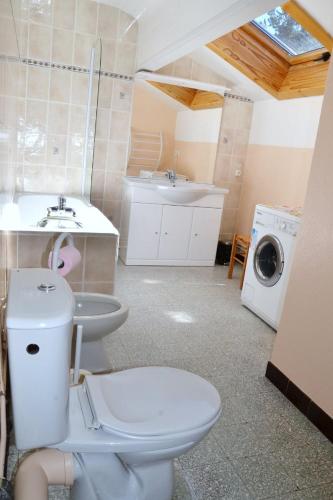 une salle de bain avec toilettes et lavabo et une machine à laver dans l'établissement Location vacances Pyrénées, grand T4 dans petite résidence, vue panoramique, centre station, à Font-Romeu-Odeillo-Via