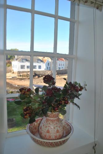 a vase with flowers in it sitting in a window at Merchants House- stunning seaview period home in Anstruther