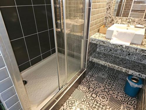 une salle de bain avec douche et lavabo dans l'établissement Blue Bay, à Deauville