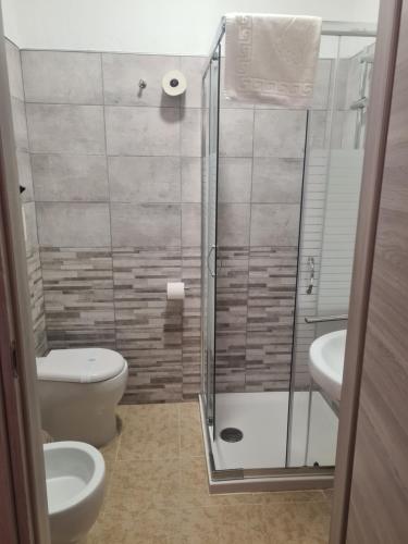 a bathroom with a shower and a toilet and a sink at Agriturismo Cara Terra Lucana in Chiaromonte