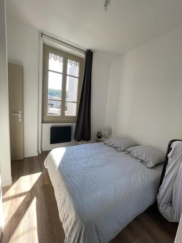 een slaapkamer met een groot bed en een raam bij T1 Cocon proche du stade app 102 in Saint-Étienne