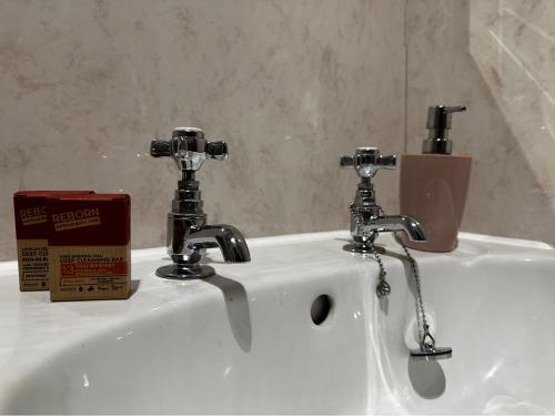 a white sink with two faucets and a box on it at Mamma House in Melrose