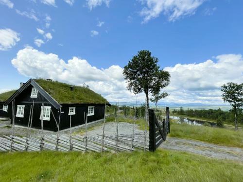 a house with a grass roof with a fence at Luxembu - 4 bedroom cabin with a fantastic view in Gol