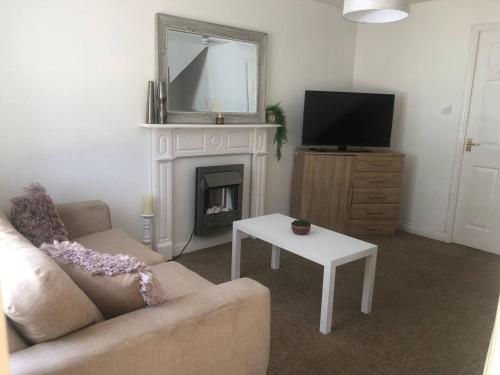 a living room with a couch and a fireplace at Bluebell House 2 bedroom with parking and garden in Scunthorpe