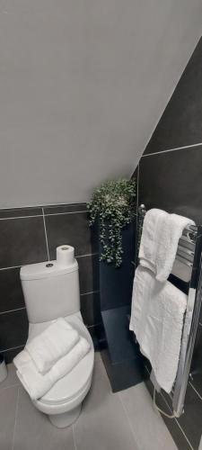 a bathroom with a white toilet and towels at Gilpin Suite in Cannock