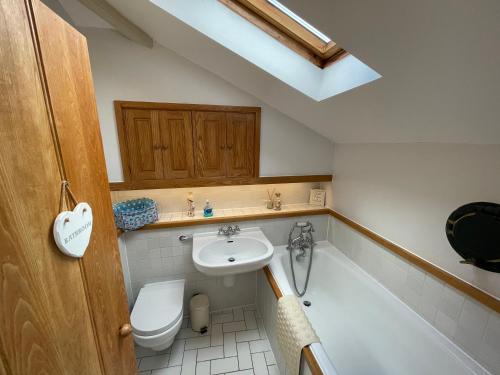 a bathroom with a toilet and a sink at Quay Cottage: Right on the Quay: Dittisham: Dartmouth: Devon at its best in Dittisham