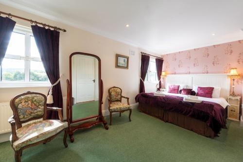 a bedroom with a bed and a mirror and a chair at Ballyknocken Milking Parlour Self Catering Apartment in Coolnakilly