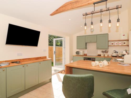 a kitchen with green cabinets and a flat screen tv at The Nest in Bridgwater
