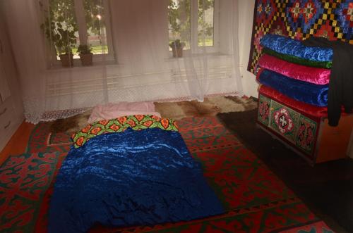 een slaapkamer met een bed op de vloer op een tapijt bij Kyrgyz Simple House 