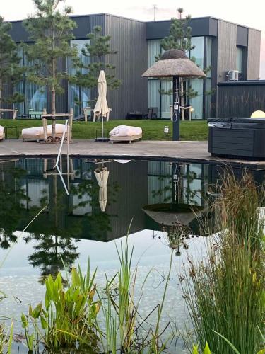 a pool of water with a table and an umbrella at GOLD apartment / Mano jūra 3 in Kunigiškiai
