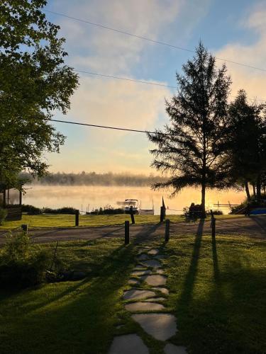 a path in a park with a tree and fog in the background at 91WR Lake vibes and views at this waterfront home in the the White Mountains! Rest, relax, explore! in Whitefield