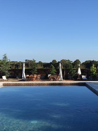 una gran piscina de agua azul con mesas y sombrillas en Supramurgia Agribistrot, en Cassano delle Murge