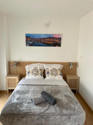 - une chambre avec un grand lit et une couverture dans l'établissement Jolie maison avec jardin, à Honfleur