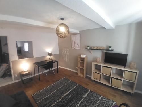 un salon avec une télévision et une table dans l'établissement Narbonne Domitia centre ville, à Narbonne