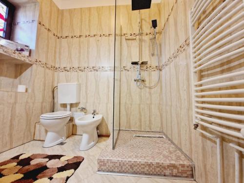 uma casa de banho com um WC e um chuveiro em 5* Royal House near Unirii Square em Cluj-Napoca