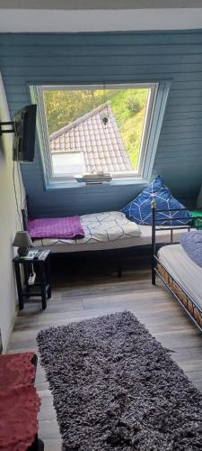 Zimmer mit einem Fenster, einem Bett und einem Teppich in der Unterkunft Haus auf den oberen Hexenstieg in Osterode