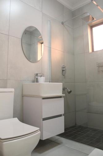 a bathroom with a toilet and a sink and a mirror at Eunathi Cottage in Johannesburg