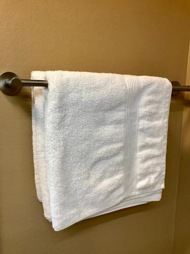 a white towel is hanging on a towel rack at Sanns villa in Lillehammer