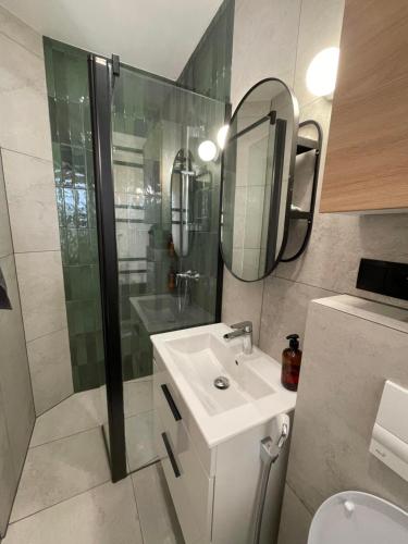 a bathroom with a sink and a shower and a mirror at Apartmán v historickom centre Košíc in Košice