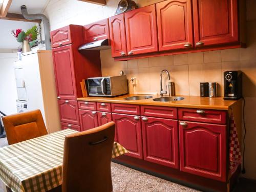 cocina con armarios rojos, fregadero y mesa en BenB Weerribben Wieden, en Wanneperveen