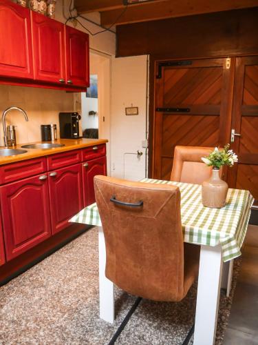 a kitchen with red cabinets and a table with a plant on it at Weerribben Wieden gastenverblijf in Wanneperveen