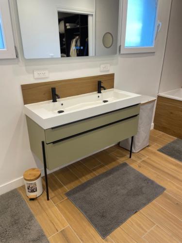 a bathroom with a white sink and a mirror at Suite parentale avec salle de bains et toilettes privées in Genas