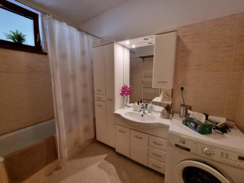 a bathroom with a sink and a washing machine at Central business apartment - FREE PARKING in Martin