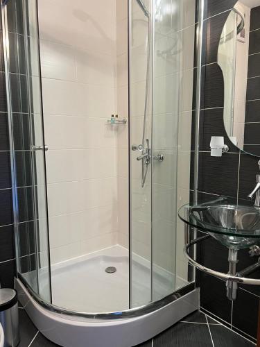 a bathroom with a shower and a sink at Апартамент Рафаела-Мартина-Регнум in Bansko