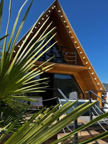 a house on the beach with a palm tree at Oda Riverside Cottages in Aragvispiri