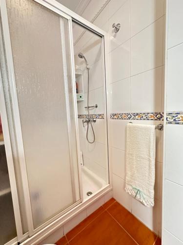 y baño con ducha y puerta de cristal. en Apartamento Salo, en Candelaria