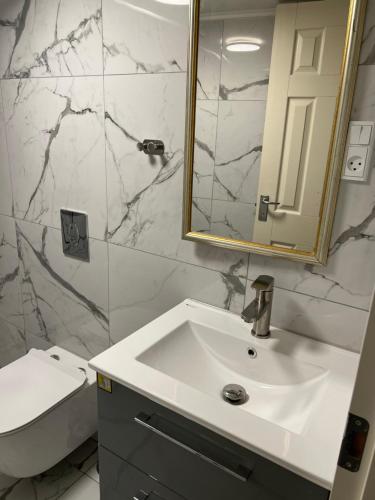 La salle de bains est pourvue d'un lavabo, d'un miroir et de toilettes. dans l'établissement The Italian House 4, à Aalborg