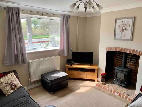 a living room with a fireplace and a television at Shipmeadow Cosy Cottage in Beccles