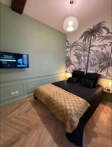 a bedroom with a bed with a tv on the wall at Le Lamartine - Vue Saône - Hypercentre in Mâcon