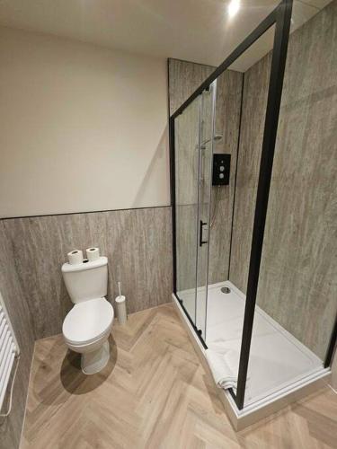 a bathroom with a toilet and a glass shower at Stunning City Center Prime Location Flat - TV in every bedroom in Neath