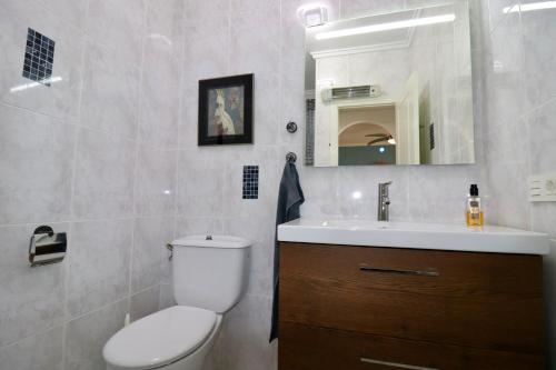 a bathroom with a toilet and a sink and a mirror at Casa la Pajarera in Ciudad Quesada