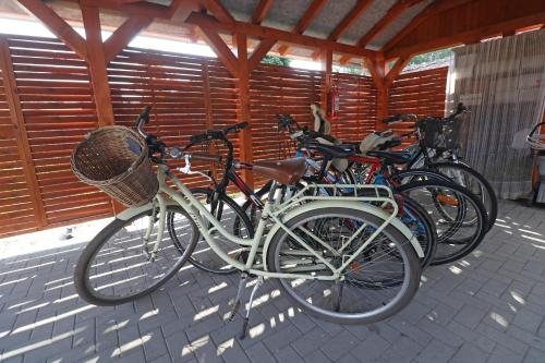 eine Reihe von Fahrrädern nebeneinander geparkt in der Unterkunft Füzesi Papa Vendégháza in Harta