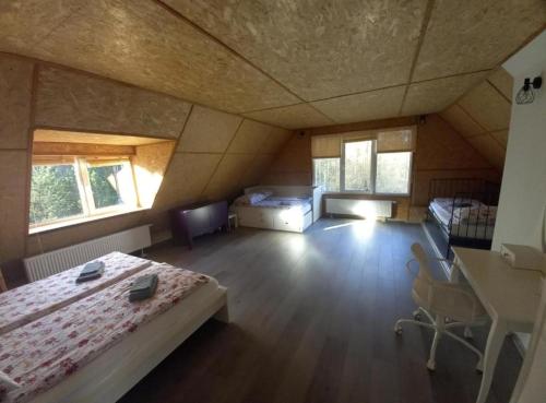 a bedroom with a bed and a desk in a room at Ranczo u Andrzeja in Rybaki