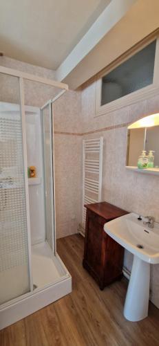 y baño con lavabo blanco y ducha. en Appartement dans Maison de ville - 4 personnes, en Oloron-Sainte-Marie