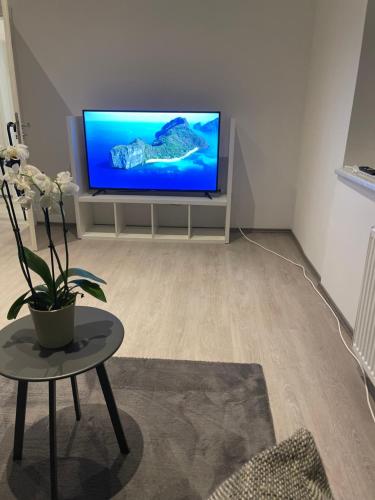 a living room with a tv and a table at Deluxe Living Krefeld Zentrum, Nähe Düsseldorf in Krefeld