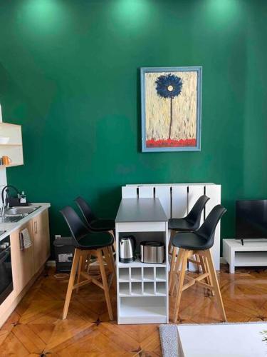 - une cuisine avec un mur vert, des chaises et une table dans l'établissement Studio 02 Apartment in Bremen, à Brême