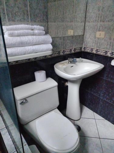 a bathroom with a toilet and a sink and towels at House garden airport in Zamacola
