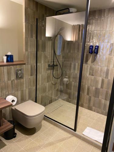 uma casa de banho com um chuveiro, um WC e um lavatório. em Hôtel L'Adresse em Saint Malo